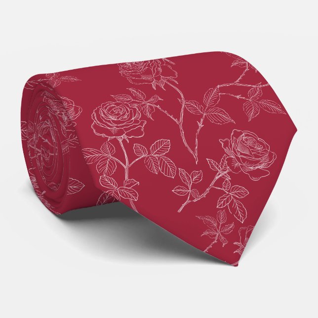 White roses on burgundy neck tie (Rolled)