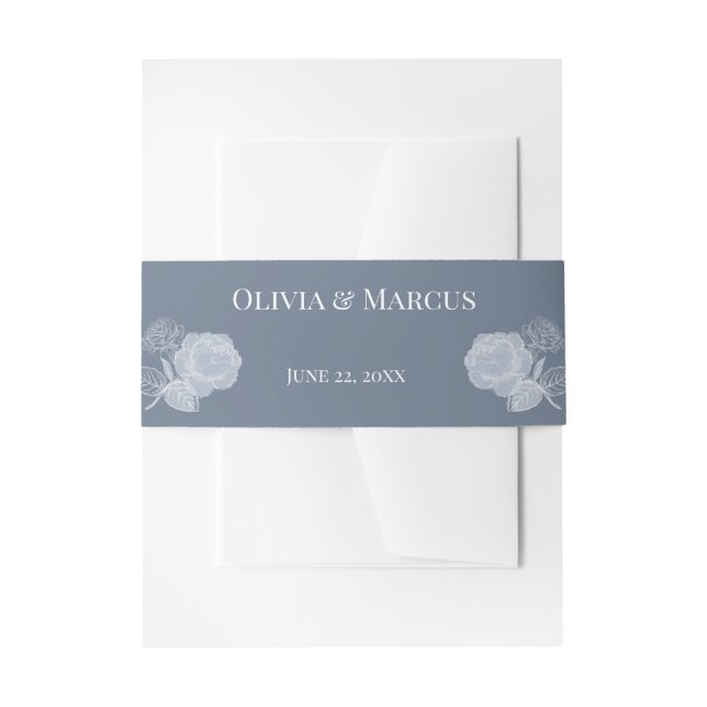White Roses on Dusty Blue Invitation Belly Band (Front Example)