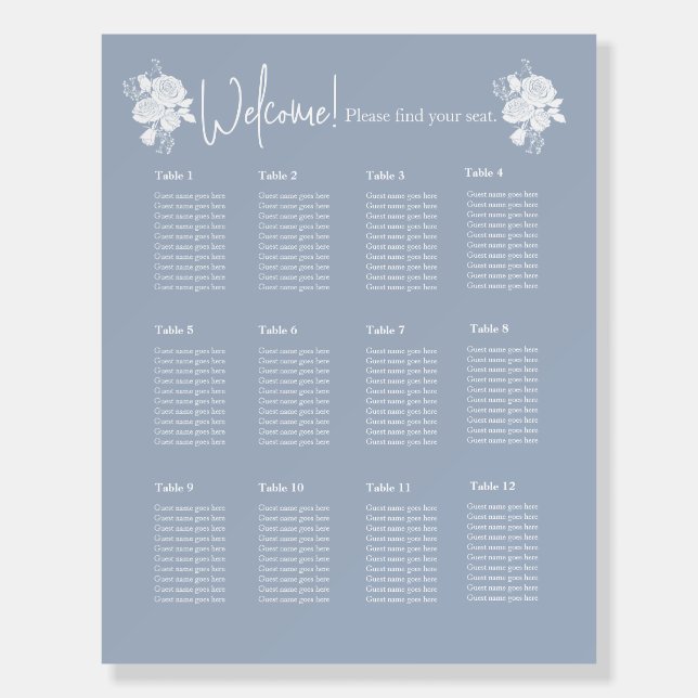 White Roses on Dusty Blue Seating Chart Foam Board (Front)