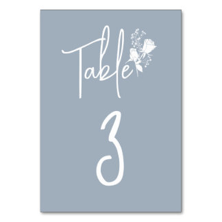 White Roses on Dusty Blue Table Card