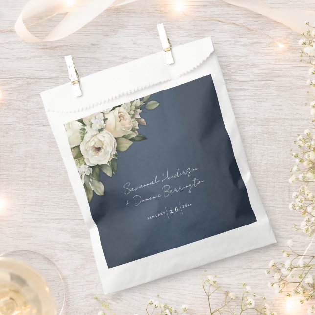 White Roses on Dusty Blue Wedding  Favor Bag (Clipped)