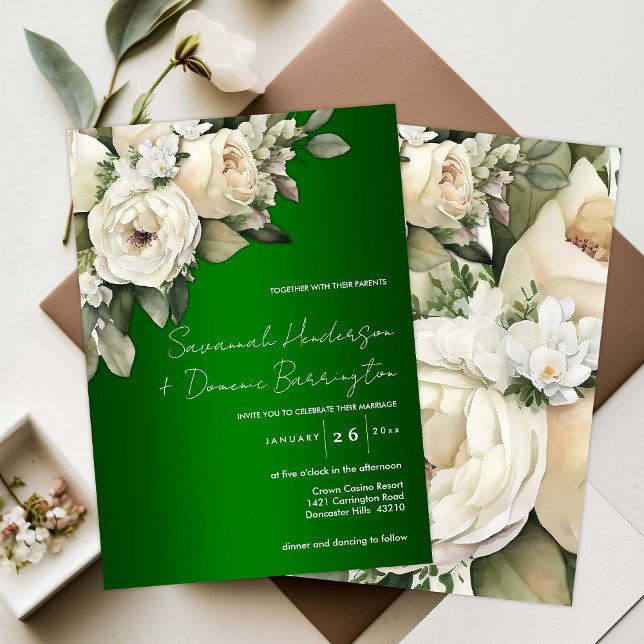 White Roses on Emerald Green Wedding Invitation (Creator Uploaded)