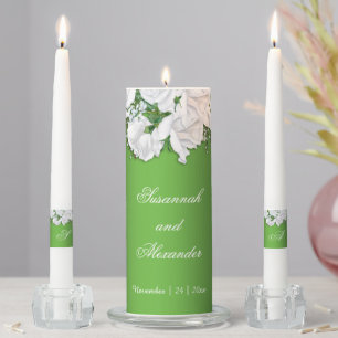 White Roses on Emerald Green Wedding Unity Candle Set