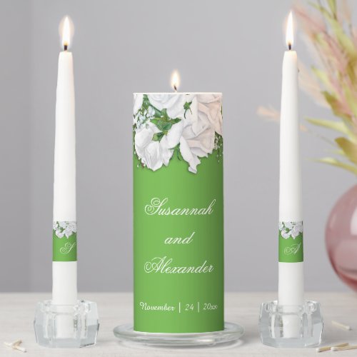White Roses on Emerald Green Wedding Unity Candle Set