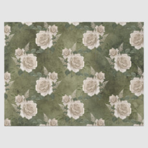 White Roses on Green Decoupage Tissue Paper