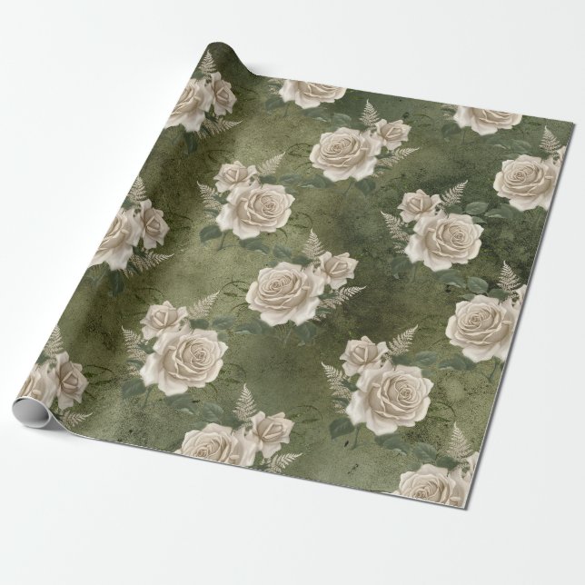 White Roses on Green Wrapping Paper (Unrolled)