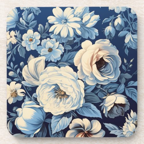 White Roses on Indigo Blue Background Beverage Coaster