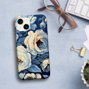White Roses on Indigo Blue Background Case-Mate iPhone 14 Case
