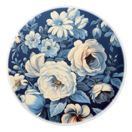 White Roses on Indigo Blue Background Ceramic Knob