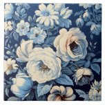 White Roses on Indigo Blue Background Ceramic Tile<br><div class="desc">Antique white roses and daisies on a rich indigo blue background.</div>
