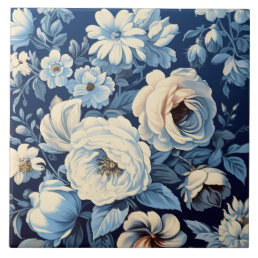 White Roses on Indigo Blue Background Ceramic Tile
