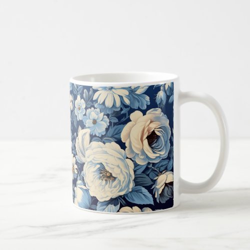 White Roses on Indigo Blue Background Coffee Mug