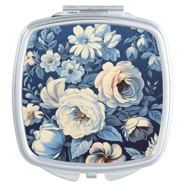 White Roses on Indigo Blue Background Compact Mirror (Front)