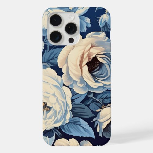 White Roses on Indigo Blue Background iPhone 15 Pro Max Case