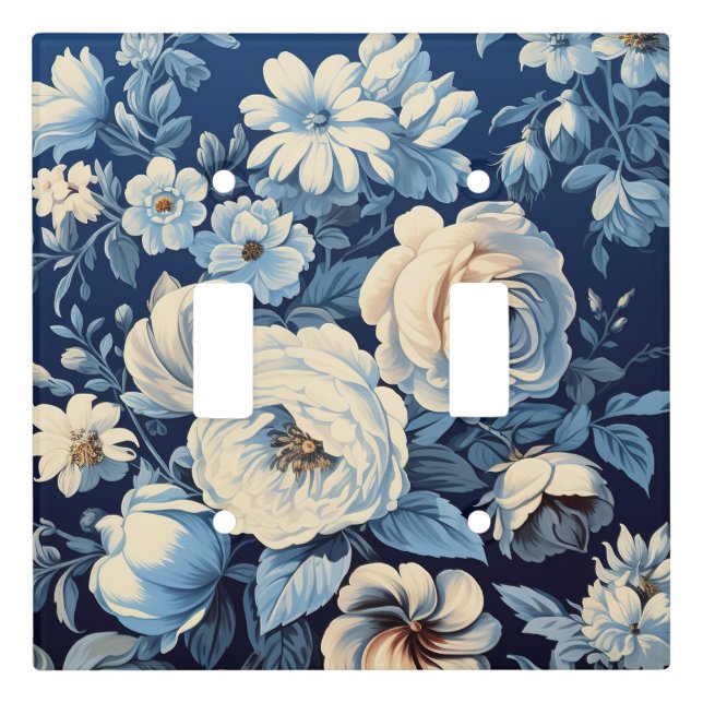 White Roses on Indigo Blue Background Light Switch Cover (Front)