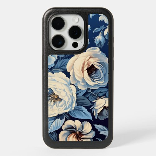 White Roses on Indigo Blue Background iPhone 15 Pro Case