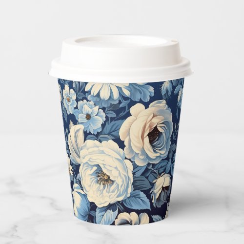 White Roses on Indigo Blue Background Paper Cups
