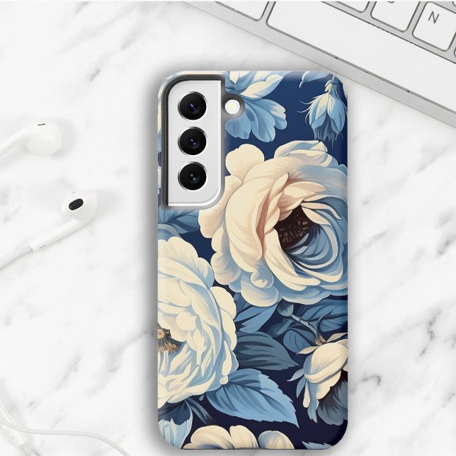 White Roses on Indigo Blue Background Samsung Galaxy Case (Creator Uploaded)
