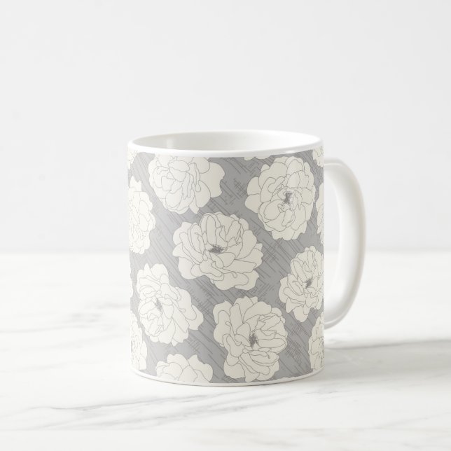 White Roses on Light Gray - seamless pattern.  Coffee Mug (Front Right)