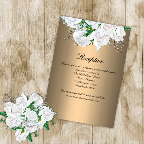 White Roses on Luxurious Gold Wedding Reception Enclosure Card