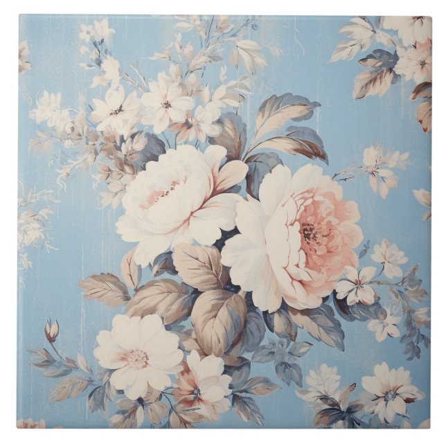 White Roses on Rustic Blue Background Ceramic Tile (Front)
