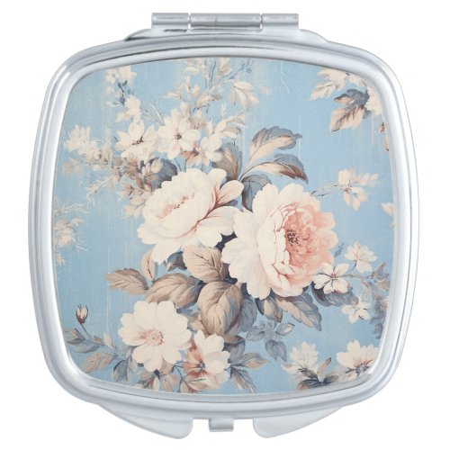White Roses on Rustic Blue Background Compact Mirror