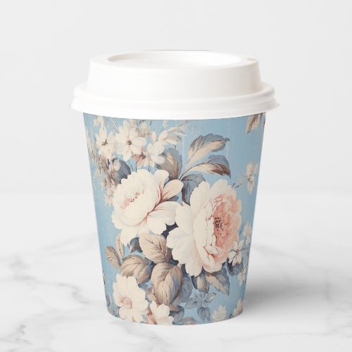White Roses on Rustic Blue Background Paper Cups