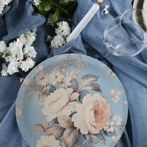 White Roses on Rustic Blue Background Paper Plates