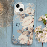 White Roses on Rustic Blue Background w/Monogram Case-Mate iPhone 14 Case<br><div class="desc">Lush antique white roses and wildflowers on rustic blue background. Optional text field for your monogram or initial.</div>