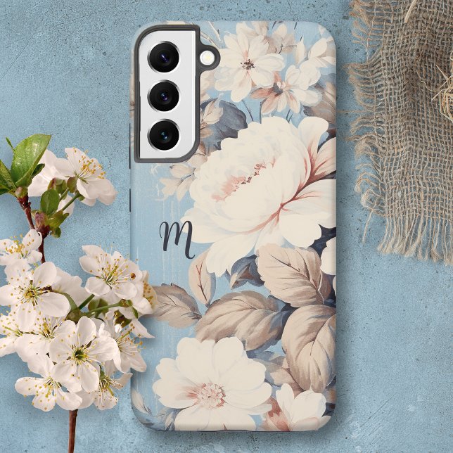White Roses on Rustic Blue Background w/Monogram Samsung Galaxy Case (Creator Uploaded)