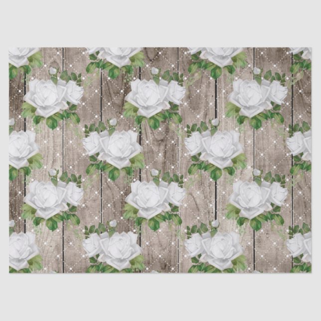White Roses on Rustic Wood Decoupage Tissue Paper (Front)