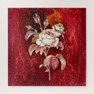 White Roses on Textured Red Backdrop Jigsaw Puzzle