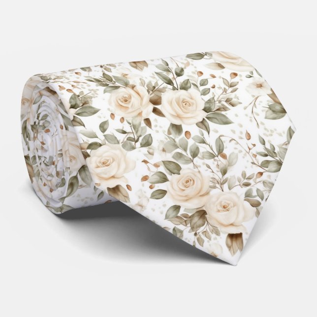White  Roses on White Neck Tie (Rolled)
