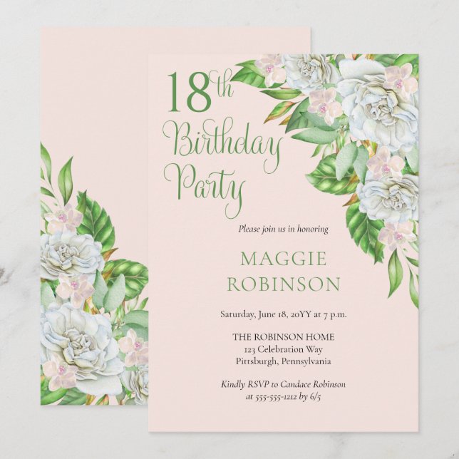 White Roses | Orchids 18th Wedding Birthday Party  Invitation (Front/Back)