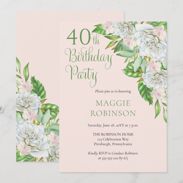 White Roses | Orchids 40th Wedding Birthday Party  Invitation (Front/Back)