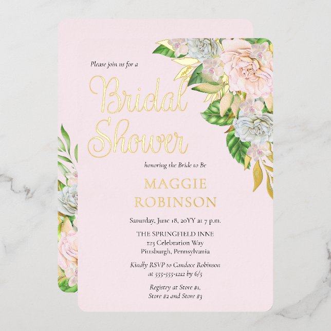 White Roses | Orchids Boho Floral Bridal Shower Foil Invitation (Front/Back)
