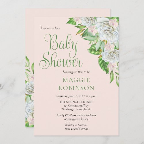 White Roses  Orchids Boho Floral Girl Baby Shower Invitation