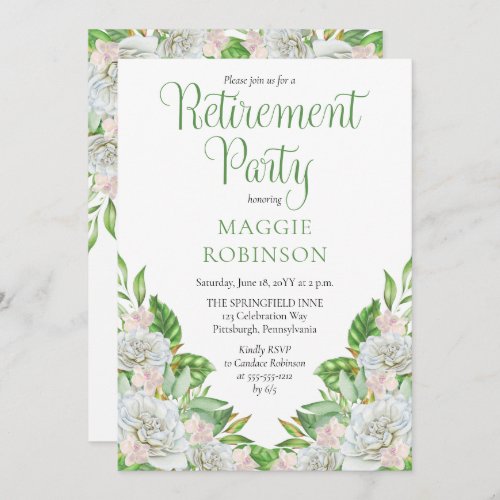 White Roses  Orchids Boho Floral Retirement Party Invitation