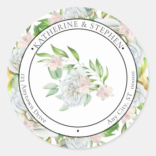White Roses  Orchids Boho Floral Return Address  Classic Round Sticker