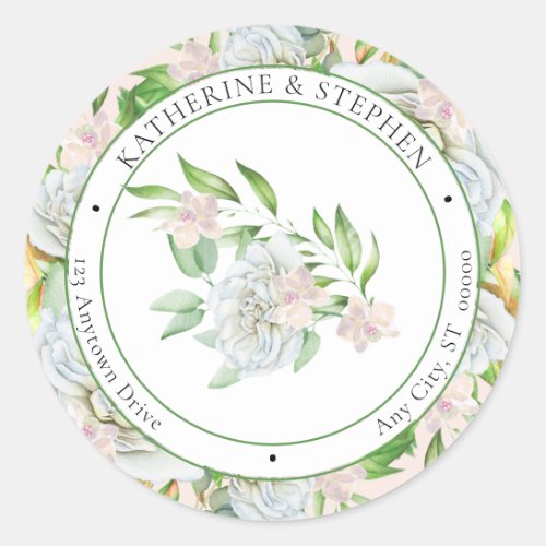 White Roses  Orchids Boho Floral Return Address   Classic Round Sticker