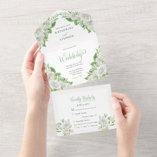 White Roses  Orchids Boho Floral Wedding All In One Invitation