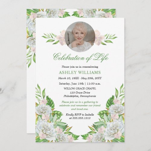 White Roses  Orchids Floral Celebration of Life Invitation