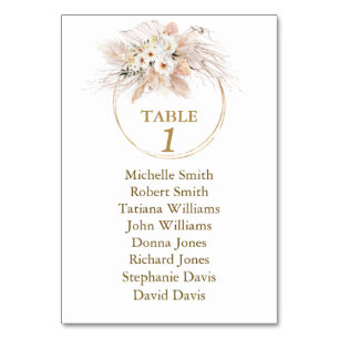 White Roses Pampas Grass Baptism Seating Chart  Table Number