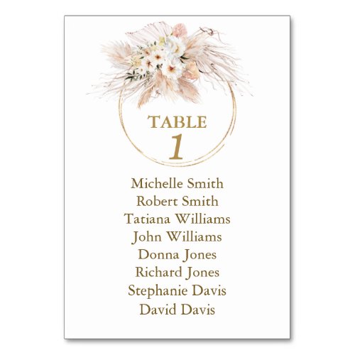 White Roses Pampas Grass Baptism Seating Chart  Table Number