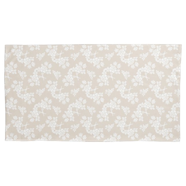 White Roses Pattern over Tan Light Brown Pillow Case (Front)