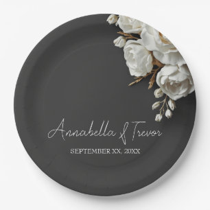 White Roses & Peonies on Dark Charcoal Custom Name Paper Plates