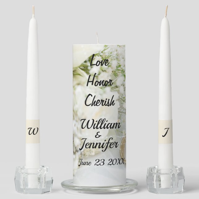White Roses Personalize Monogram Custom Wedding Unity Candle Set (Front)