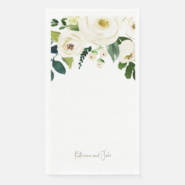 White roses Personalized Script Names Wedding II Paper Guest Towels (Front)