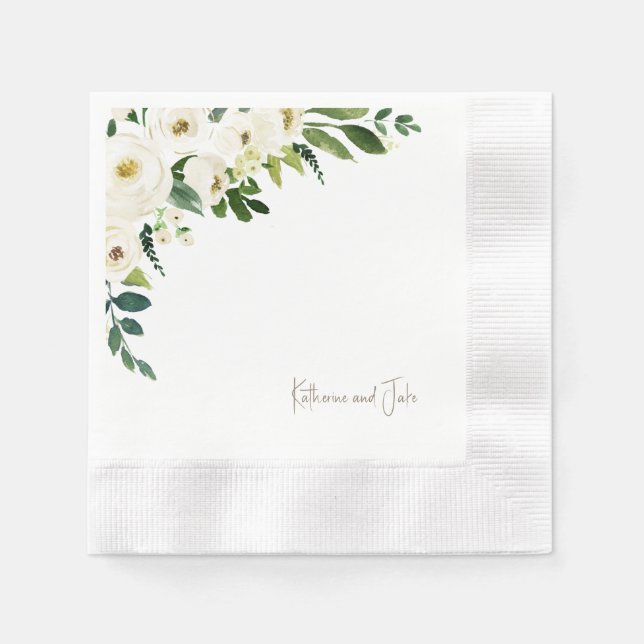 White roses Personalized Script Names Wedding Napkins (Front)