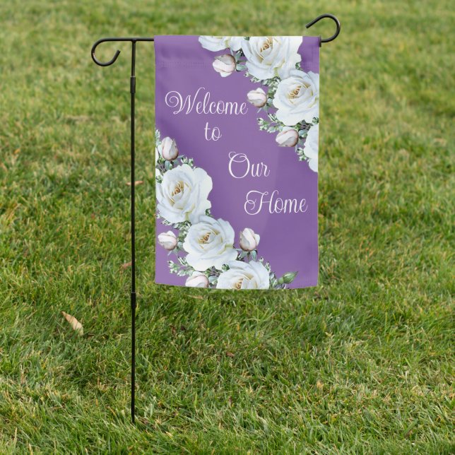 White Roses Personalized Welcome Garden Flag (In SItu)